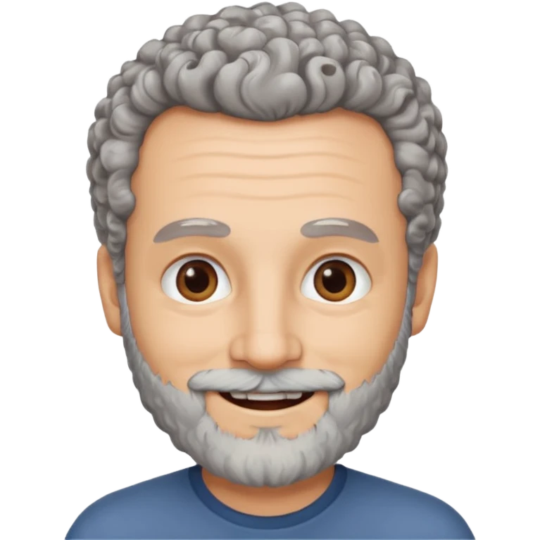 Illustrated emoji of a middle aged man with receding grey curly hair, brown eyes, white skin and a beard emoji