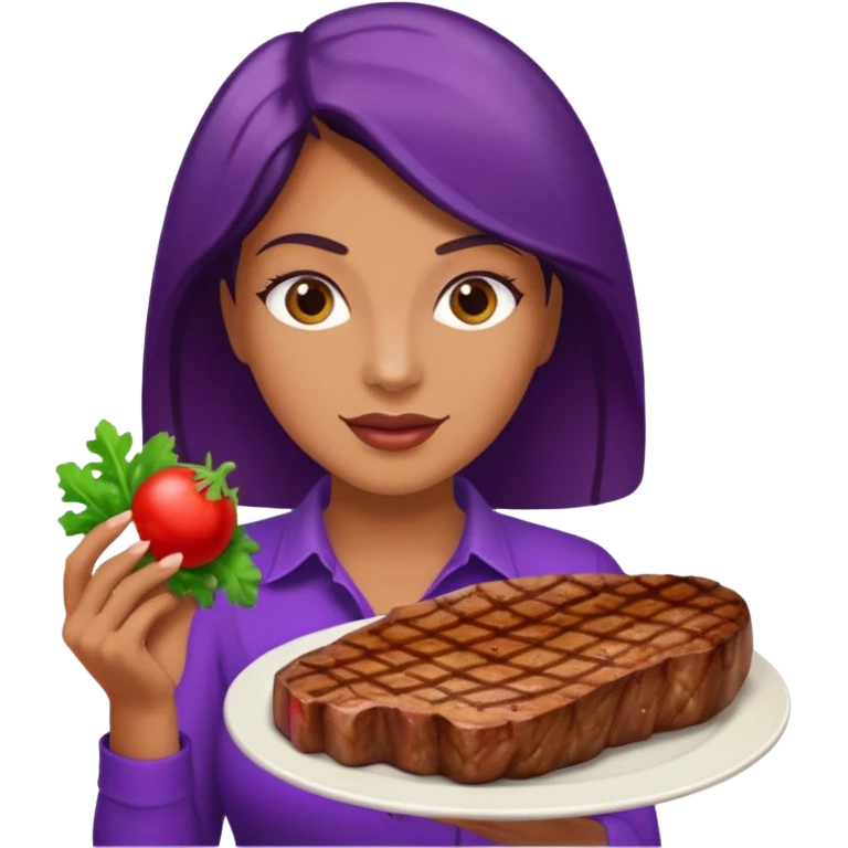 Woman holding steak and aubergine emoji