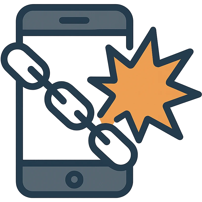 a modern, clear icon showing a mobile phone with a chain and explosion effect merged into a single icon emoji