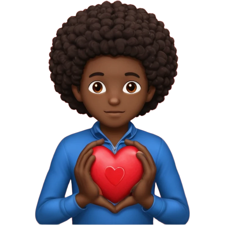 I want a black boy with chocolate skin and a small messy afro holding a heart with the name “Aja” in black close to his chest with his hands over the heart as if to present it to someone he loves. emoji
