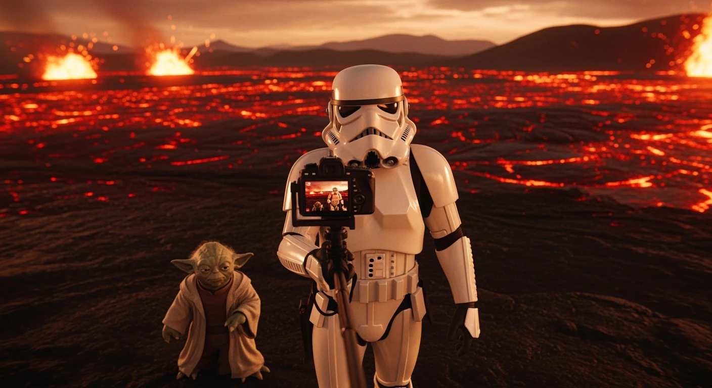 Camera POV, Starwars stormtroopers vlogging selfie, he is walking on lava planet with yoda emoji