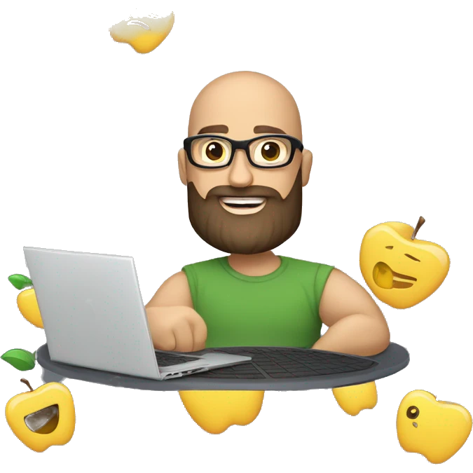memojy of a man, with the laptop in front, apple style, modern, a well-trimmed beard, bald hair, Marvel t-shirt, computer in hand --ar 1:1 emoji