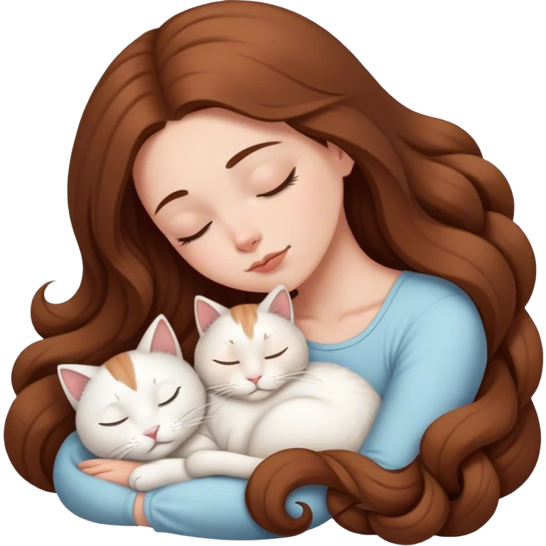 A pretty white girl with very long brown hair and sleeping curled up to a white cat  emoji