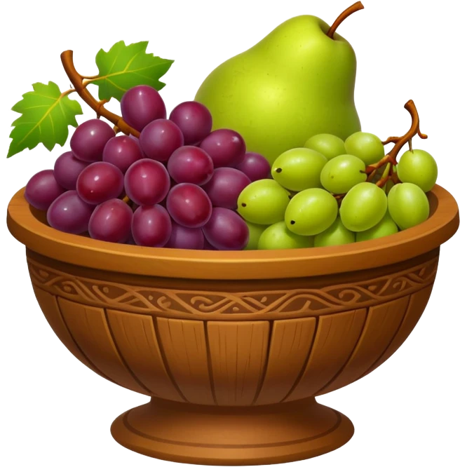 medieval fruit bowl object icon, grapes apples pears, clay bowl, warm rustic look, 3D cartoon, mobile game icon style, clean background, no text, no watermark
 emoji
