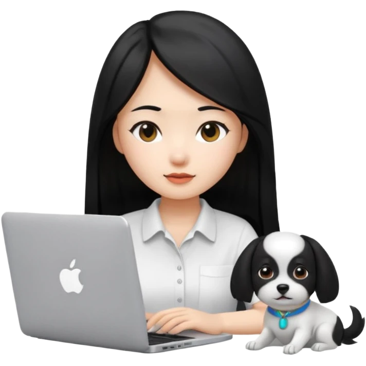 Blue back ground, Asian girl with long black hair , wearing a white shirt, working on an Apple laptop, next to her is a small black and white dog emoji