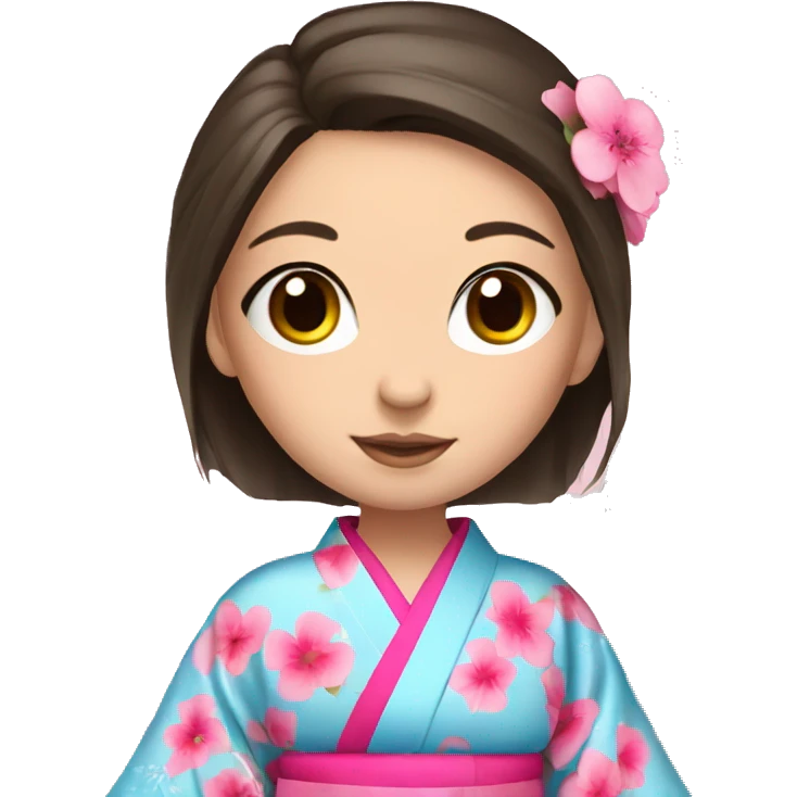 cute brunette girl with blue eyes in pink flower kimono emoji