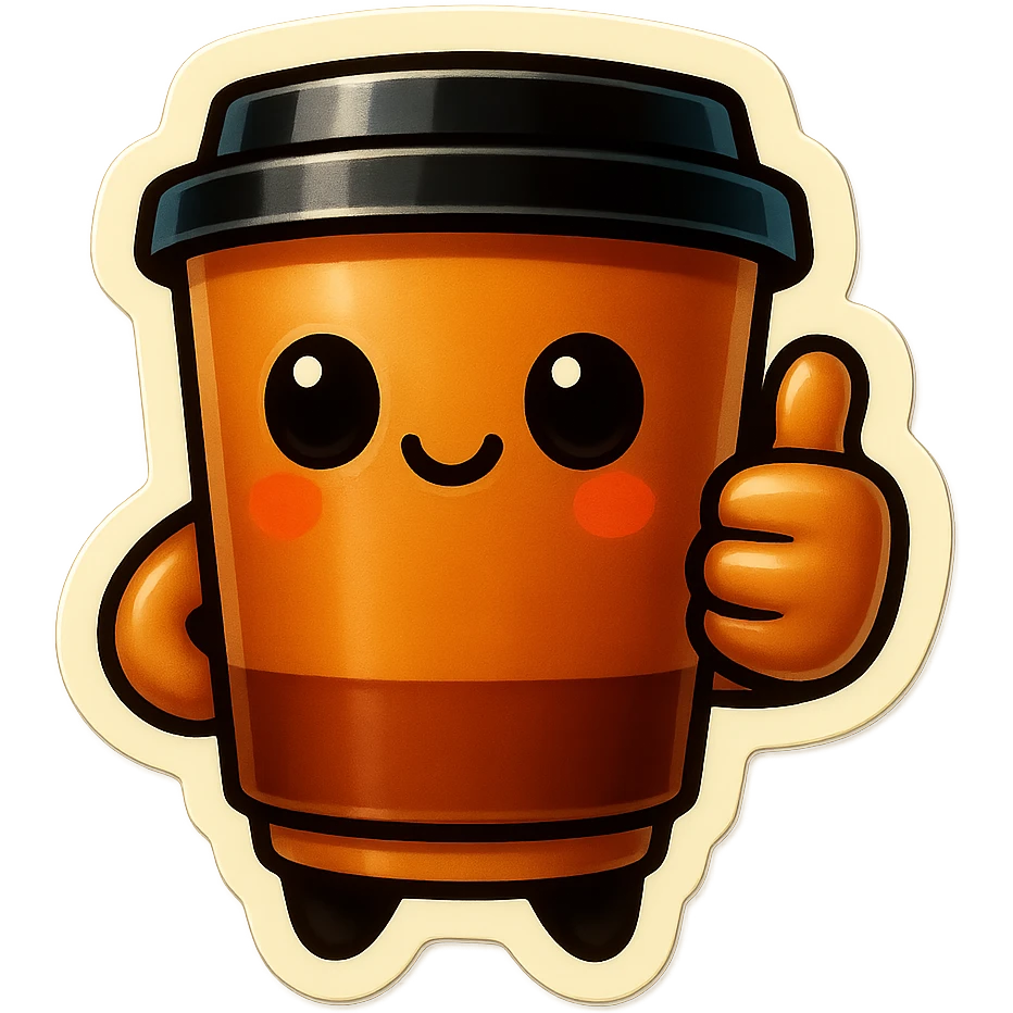 Tall coffee cup, no mouth, big thumbs up emoji