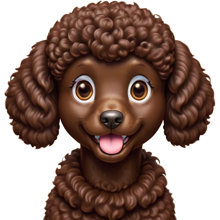 Cinematic Comical Chocolate Poodle Portrait Emoji, Head tilted dramatically with an exaggeratedly amused expression, featuring a glossy, curly chocolate Fur with a bouncy texture, wide, expressive brown eyes filled with playful disbelief, Simplified yet hilariously expressive features, highly detailed, glowing with a slightly sassy glow, high shine, dramatic yet playful, stylized with an air of cheeky mischief, bright and endearing, soft glowing outline, capturing the essence of a spirited and over-the-top companion, so meme-worthy it feels like it could side-eye its way into internet fame instantly! emoji