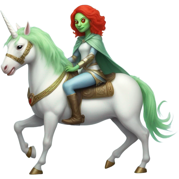 [politically incorrect
	{ woman: alien, color: light green, hair:red, eyes:cat} ]
	on a 
	[{ unicorn: white, legged:four, mane: light blue }] emoji