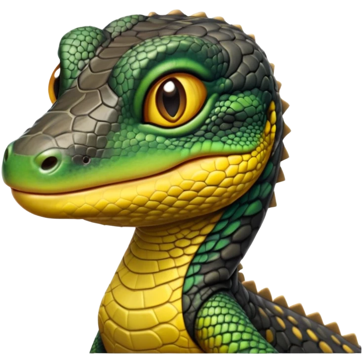 cinematic-realistic-cute-monitor-lizard-portrait-emoji,-head-tilted-playfully-and-inquisitively,-featuring-a-compact,-agile-body-with-finely-detailed,-glossy-scales-in-earthy-black and yellow-hues-and-a-distinct,-alert-face-with-bright,-curious-eyes, black , yellow spotted and green band  scales and a big long neck emoji
