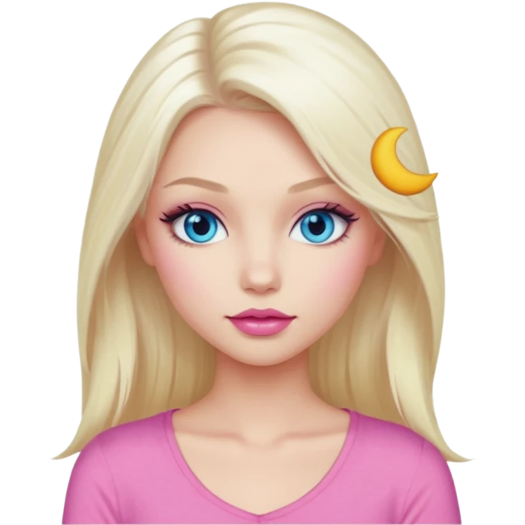 Girl with long platinum blonde hair, blue eyes, long lashes, sexy pink lips, wearing a pink top emoji