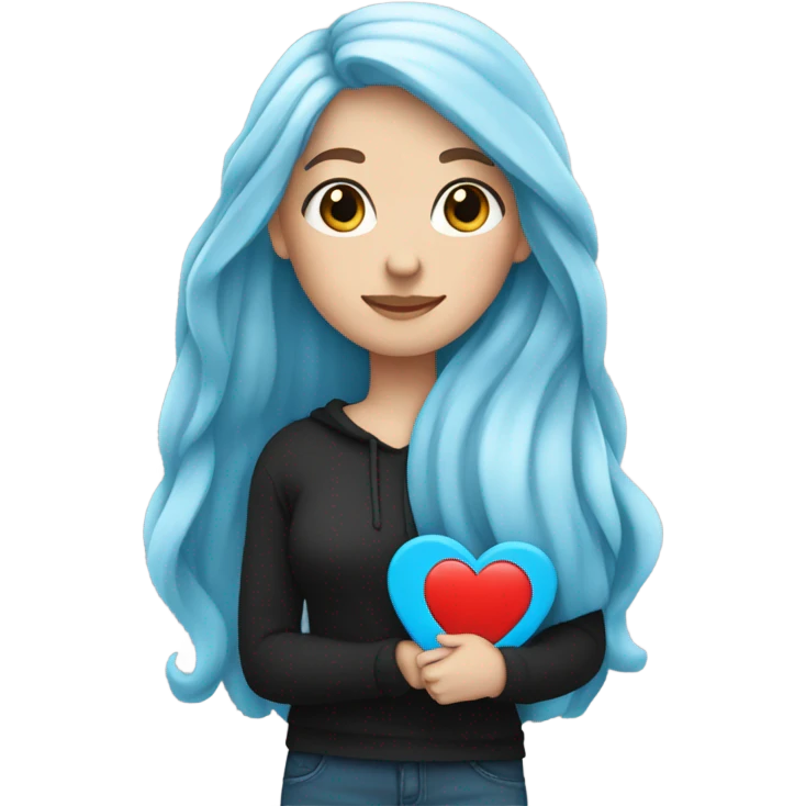 white girl with long blue hair in a black sweatshirt holding a blue heart emoji