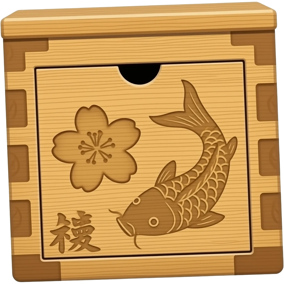 An wooden inbox logo with ancient Japanese style emoji