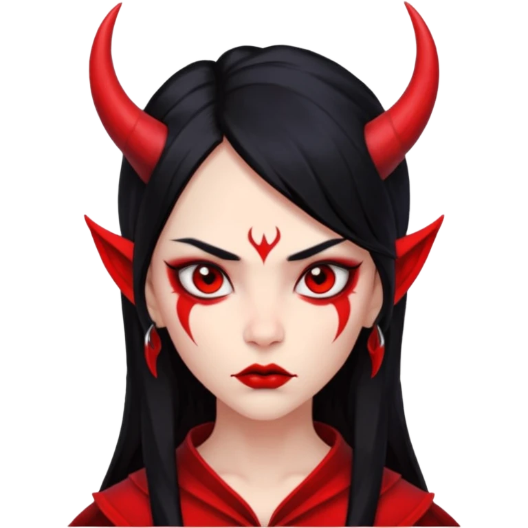 Head only: demon girl, 100% red skin, long black hair, small horns, sharp cheekbones, serious eyes, full lips, pointed ear; centered, no body, no text. emoji