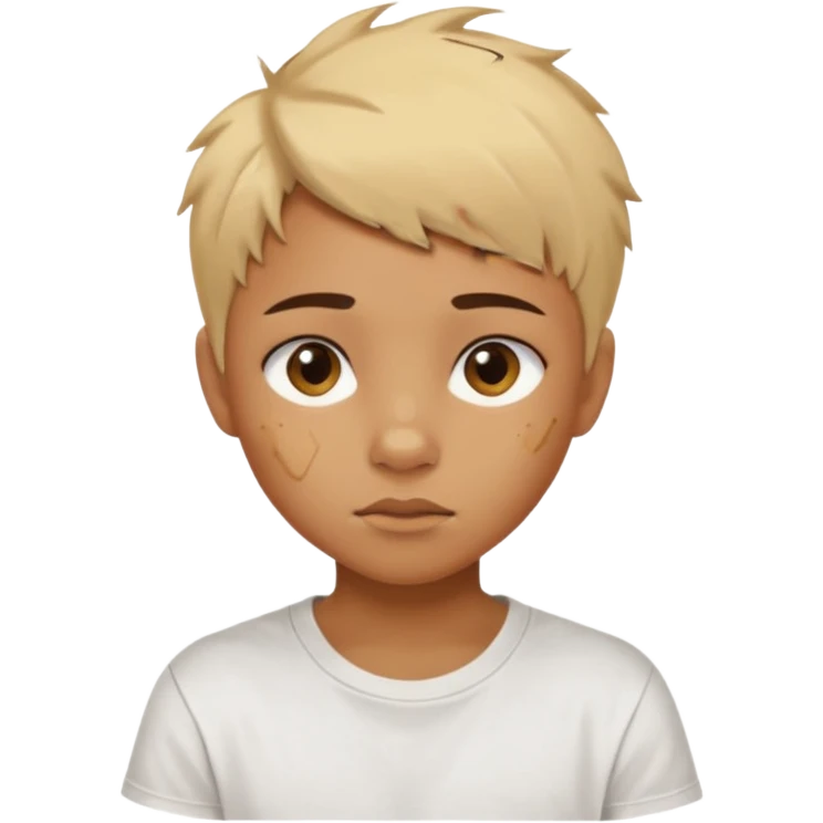 caramel skin color. Teen age. Short buzz, messy blonde hair, large expressive golden-brown eyes, brown skin color, scar over nose, wearing a plain white t-shirt. emoji