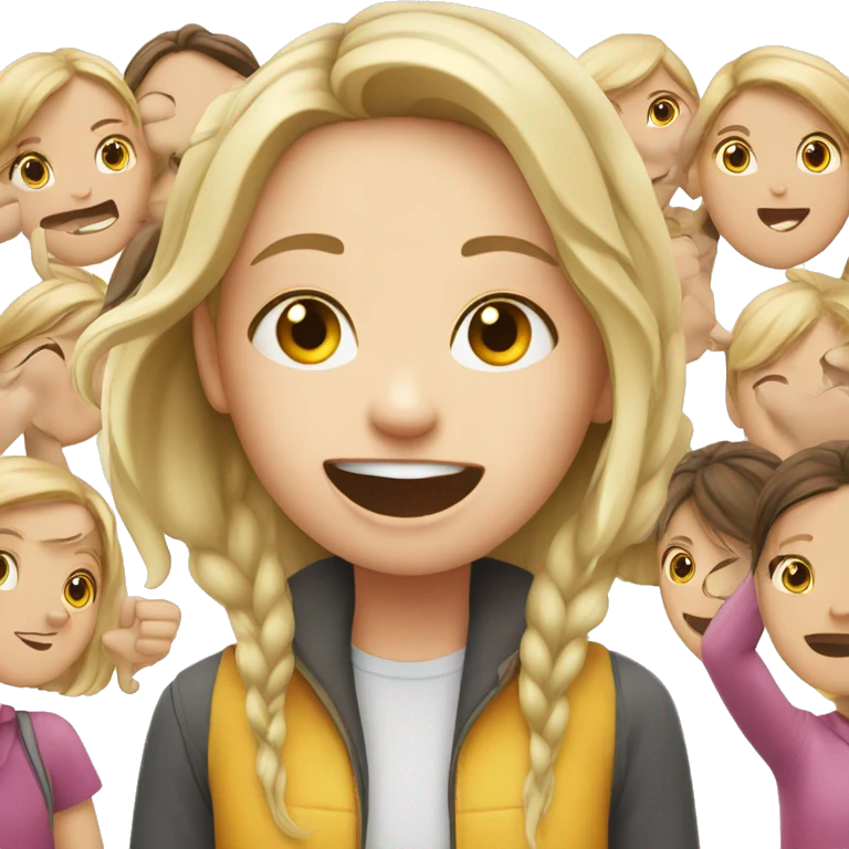 white girl having fun but overwhelmed by lots of kids emoji