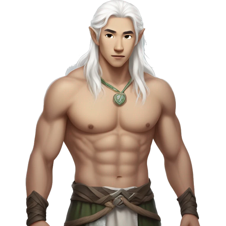 Asian masculine full body shirtless abs long white hair elf  emoji