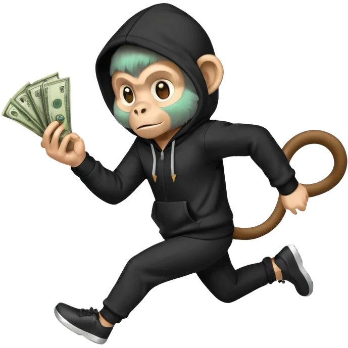 Monkey with Jordan’s and black hoodie and pants running with money emoji