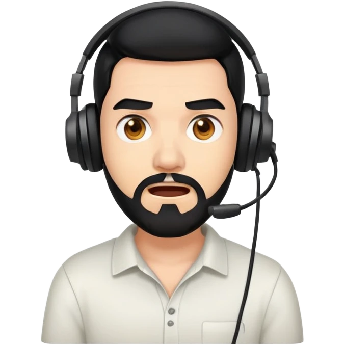 Shocked man with black hair, brown eyes, black beard wearing a gaming headset emoji