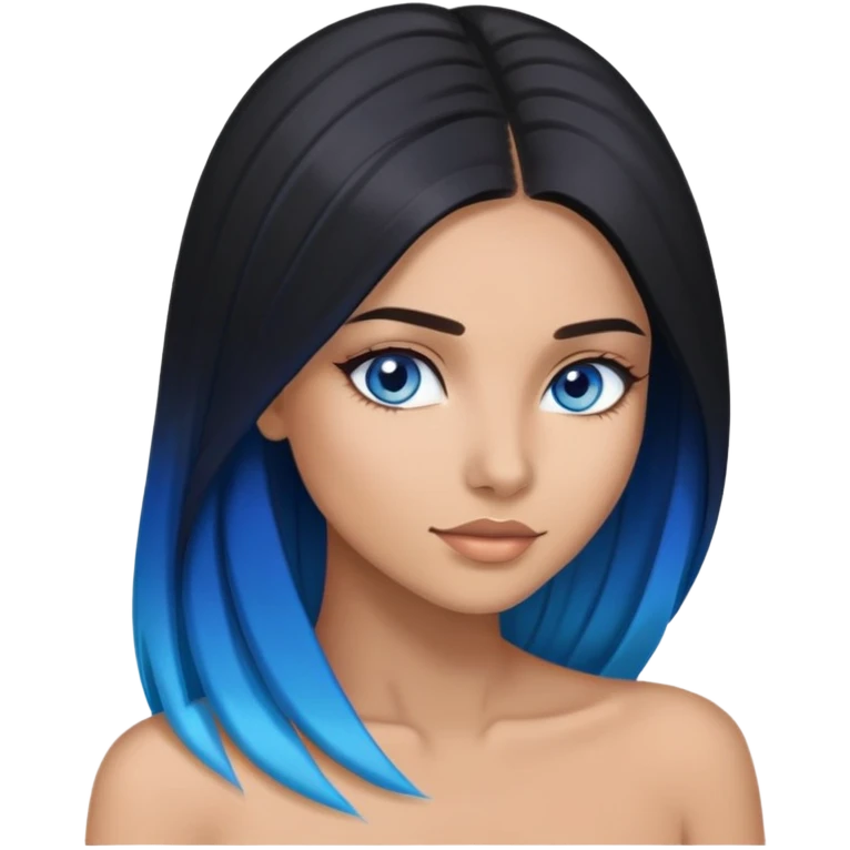 Art of woman's very sexy body scheme anatomy-bare shoulders and front-blue eyes-very long straight black to blue hair ombre emoji
