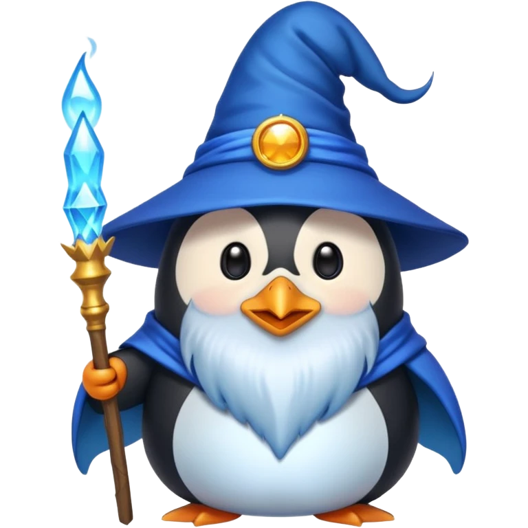 chubby penguin wizard with a long beard and magical aura, emoji style emoji