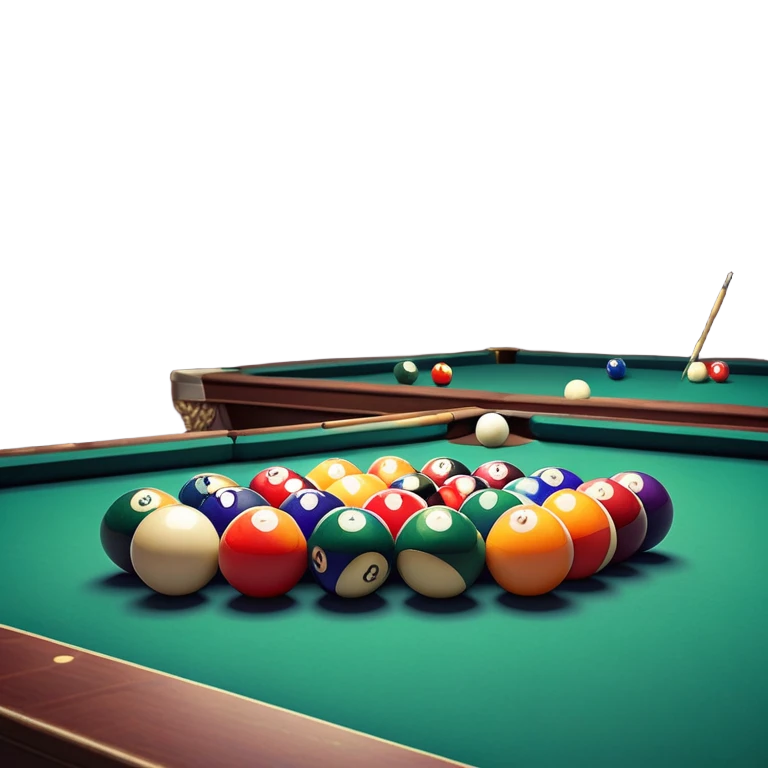 A billiard table with colorful balls arranged in a triangle, and a cue stick poised to break. The scene is set in a dimly lit room, with focused lighting highlighting the balls and table, emphasizing skill, precision, and strategy in the game of pool. emoji