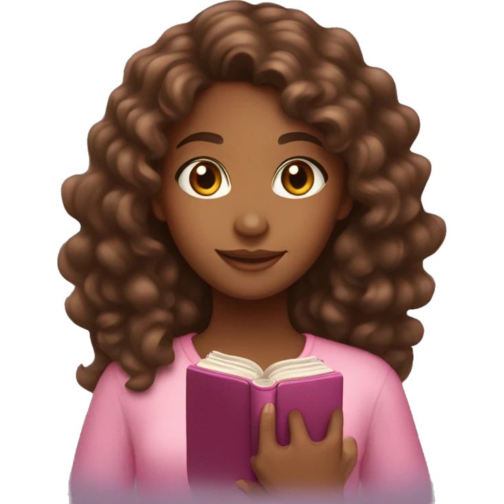 Brown girl with long brown curly hair and a pink bible that glows in her hand emoji