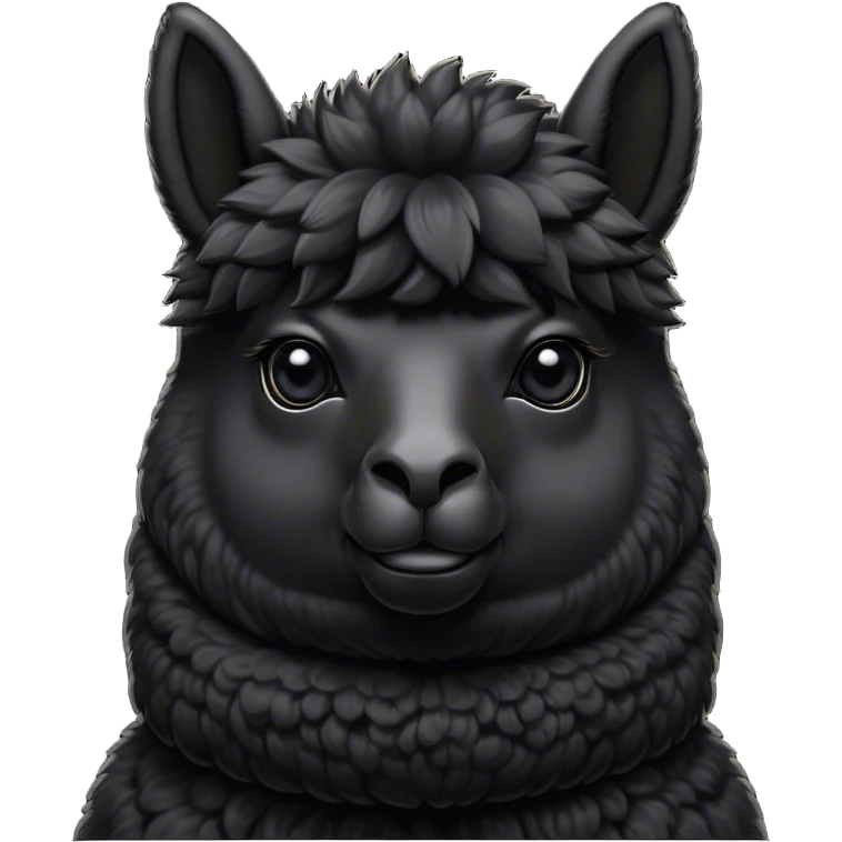 Cinematic Noble Black Alpaca Portrait Emoji, Poised and regal, with a striking, sturdy build and a sleek, well-groomed jet-black fleece, deep-set soulful dark eyes, Simplified yet sharp and sophisticated features, highly detailed, glowing with a soft, dignified glow, high shine, intelligent and mysterious, stylized with an air of elegant austerity, focused and attentive, soft glowing outline, capturing the essence of a watchful and confident companion, so majestic it feels as though it could stride out of the screen with effortless authority! emoji