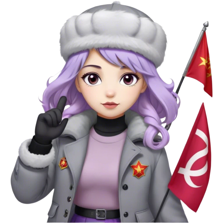 Russian Girl with lavender hair faded black in the bottom + wavy hair
white ushanka +Soviet pin
light grey jacket with light purple fur
grey skirt
dark grey leggings
light grey boots with light purple fur
grey eyes
snow white color skin
holding a Russian flag
is in Moscow Russia emoji