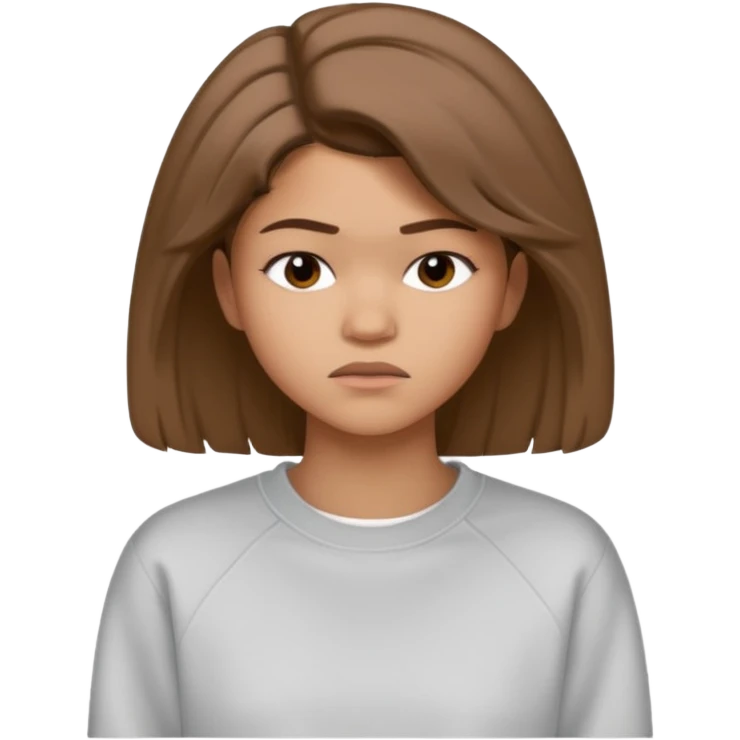 Zendaya upset in a plain white sweatshirt, unhappy face, hair till shoulders combed to the right side emoji