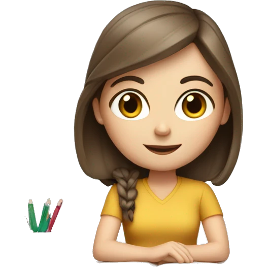 white girl studying at a white desk, brown hair, blue eyes, computer emoji