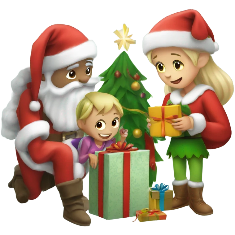 Small child opening christmas presents with santa and an elf emoji