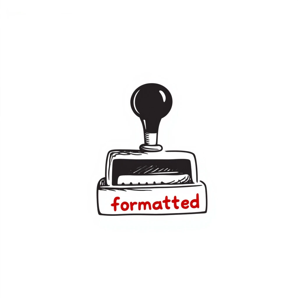 classic rubber stamp with the word 'formatted' in bold red ink, hand drawn doodle style emoji