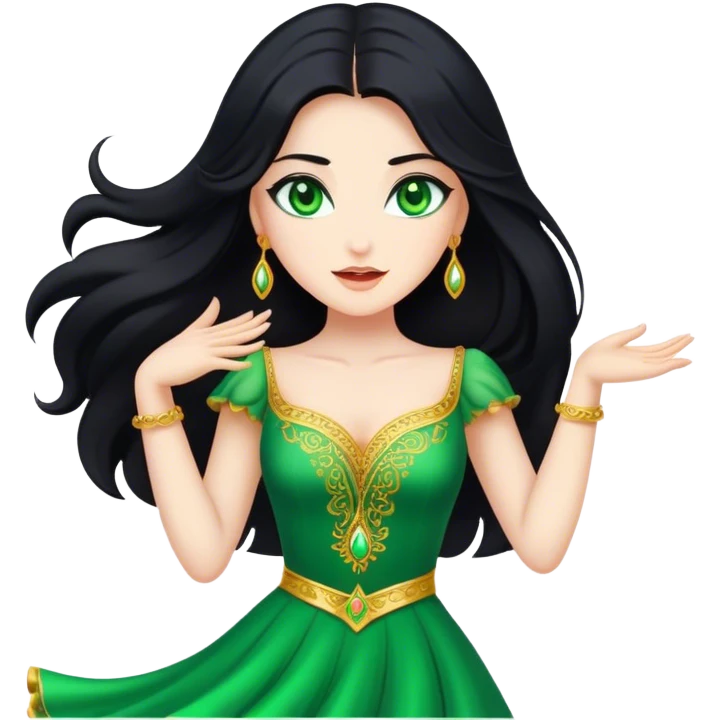 Beautiful lady with long black hair and green eyes dancing emoji