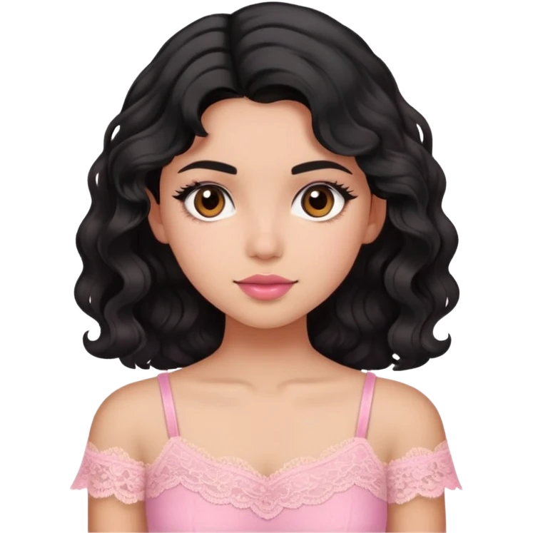 A girl with morena skin tone and black wavy hair wearing pink lace top emoji