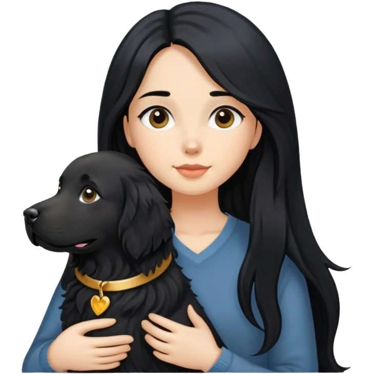 A girl with long black hair and a black golden retriever emoji