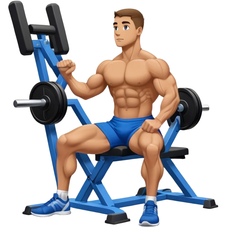 side-view bodybuilder in blue shorts seated weighted calf-raise machine on his tip toes emoji