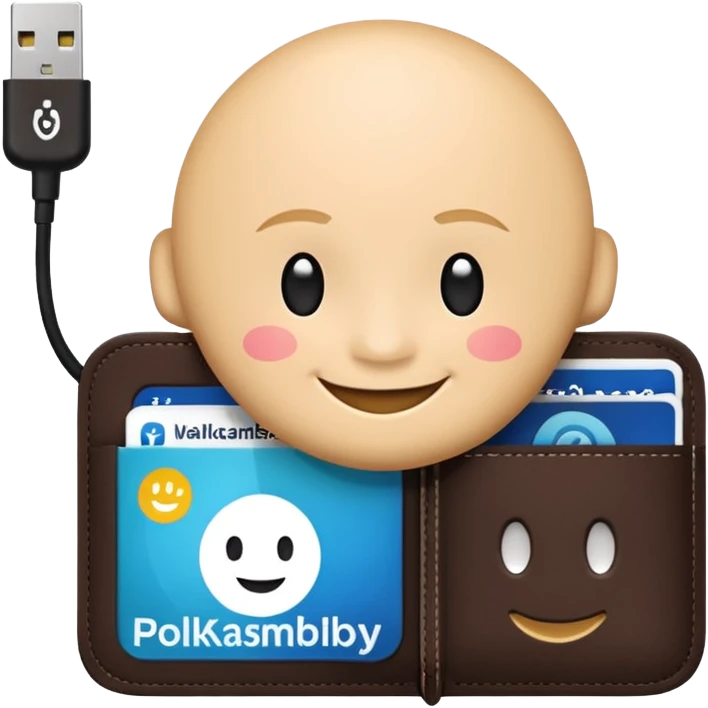 smiling face with Polkassembly logo digital wallet and plug connecting representing connecting wallet to Polkassembly emoji