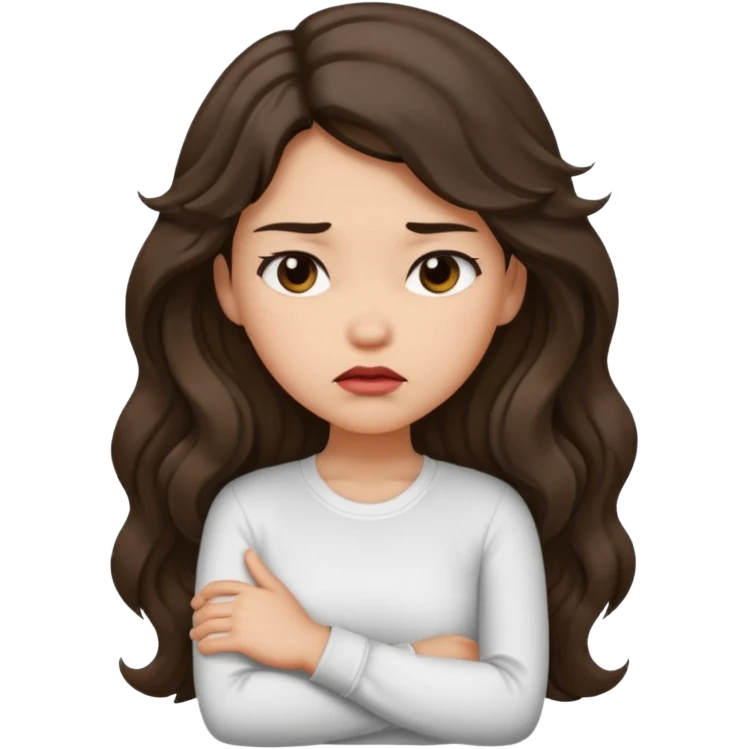 Light tan girl with dark, long, wavy hair crossing her arms and pouting emoji