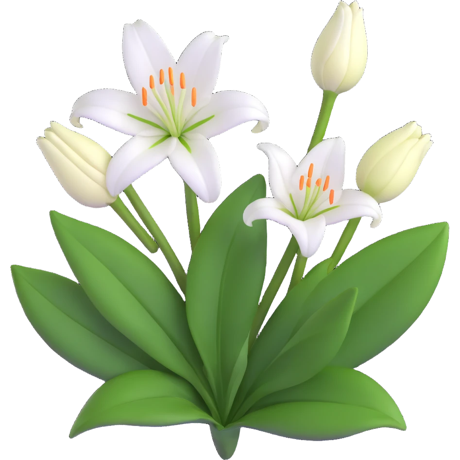 detailed white lily with six petals, a closed bud, and several green leaves emoji