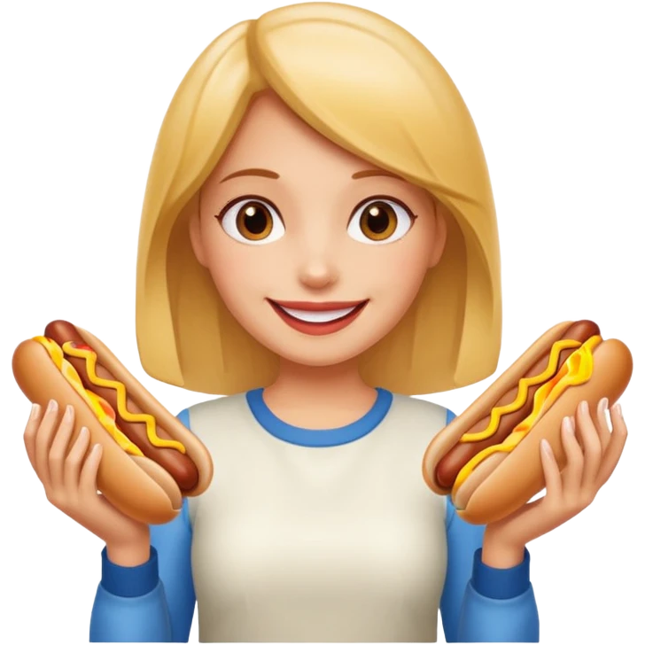 A girl holding two hot dogs, smiling proudly before eating.






















 emoji