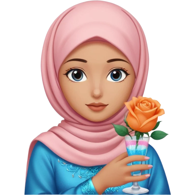 Turkish beautiful finish Konya girl blue eyes with light pink hijab islamic dress and had on her hand Glittery rose mocktail with orange light pink roses emoji