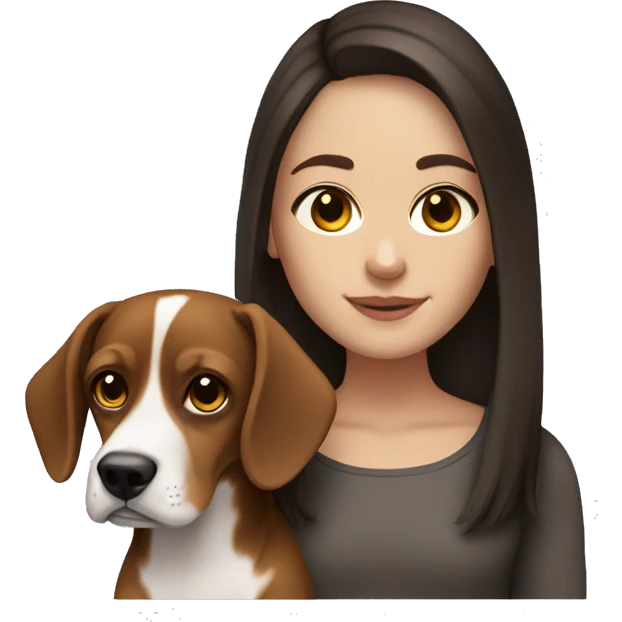 white girl with dark brown long hair, dark brown eyes and small beagle Dog emoji
