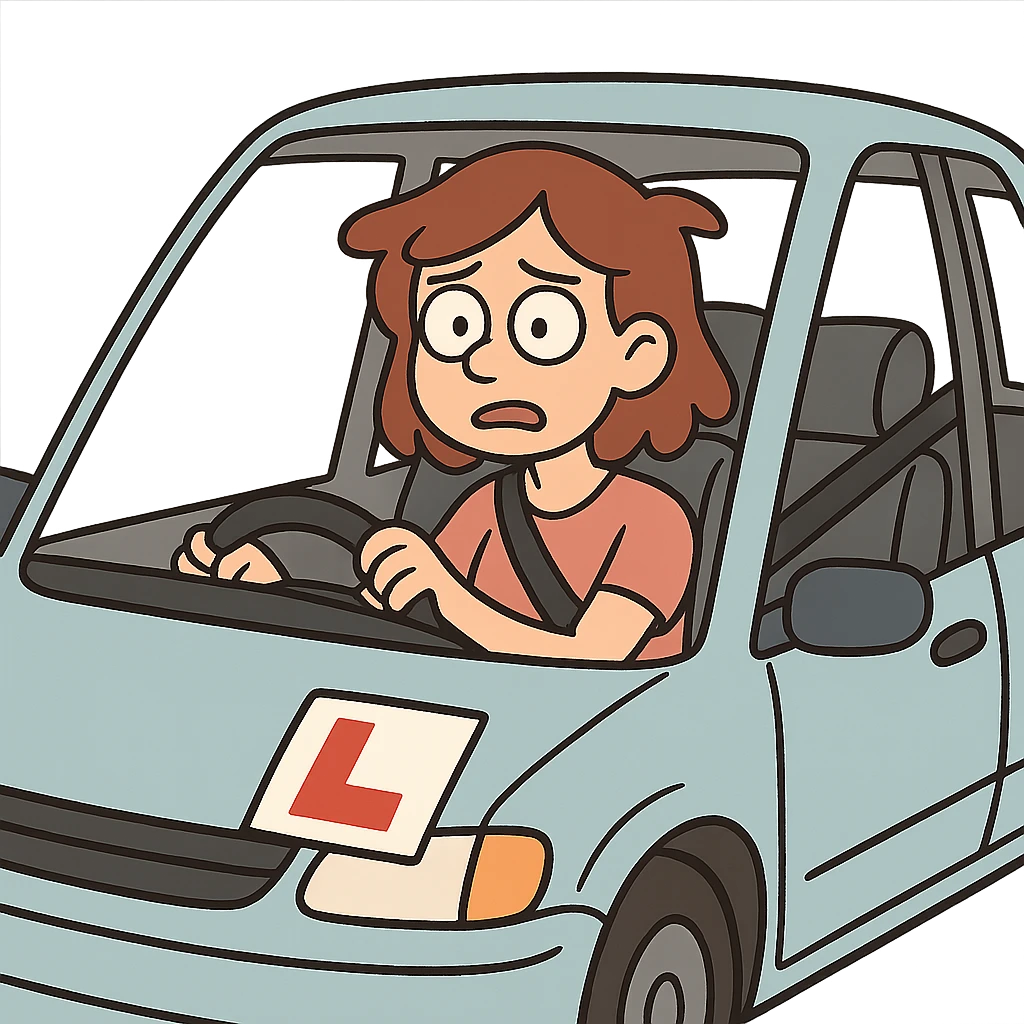 learner driver sitting in a car with visible L-plate, simple clear composition, cartoon style emoji