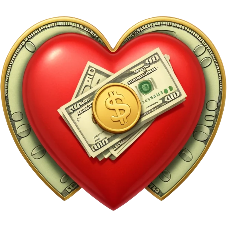 "Realistic HD heart fully merged with money, red glossy heart seamlessly fused with cash textures and gold tones, glowing dramatic light, symbolizing love and wealth becoming one, white background." emoji