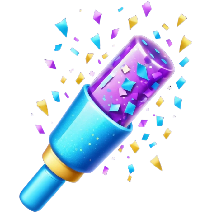 Emoji with glowing confetti popper, purple and blue colors emitting confetti and glitter, creating a bright festive atmosphere emoji