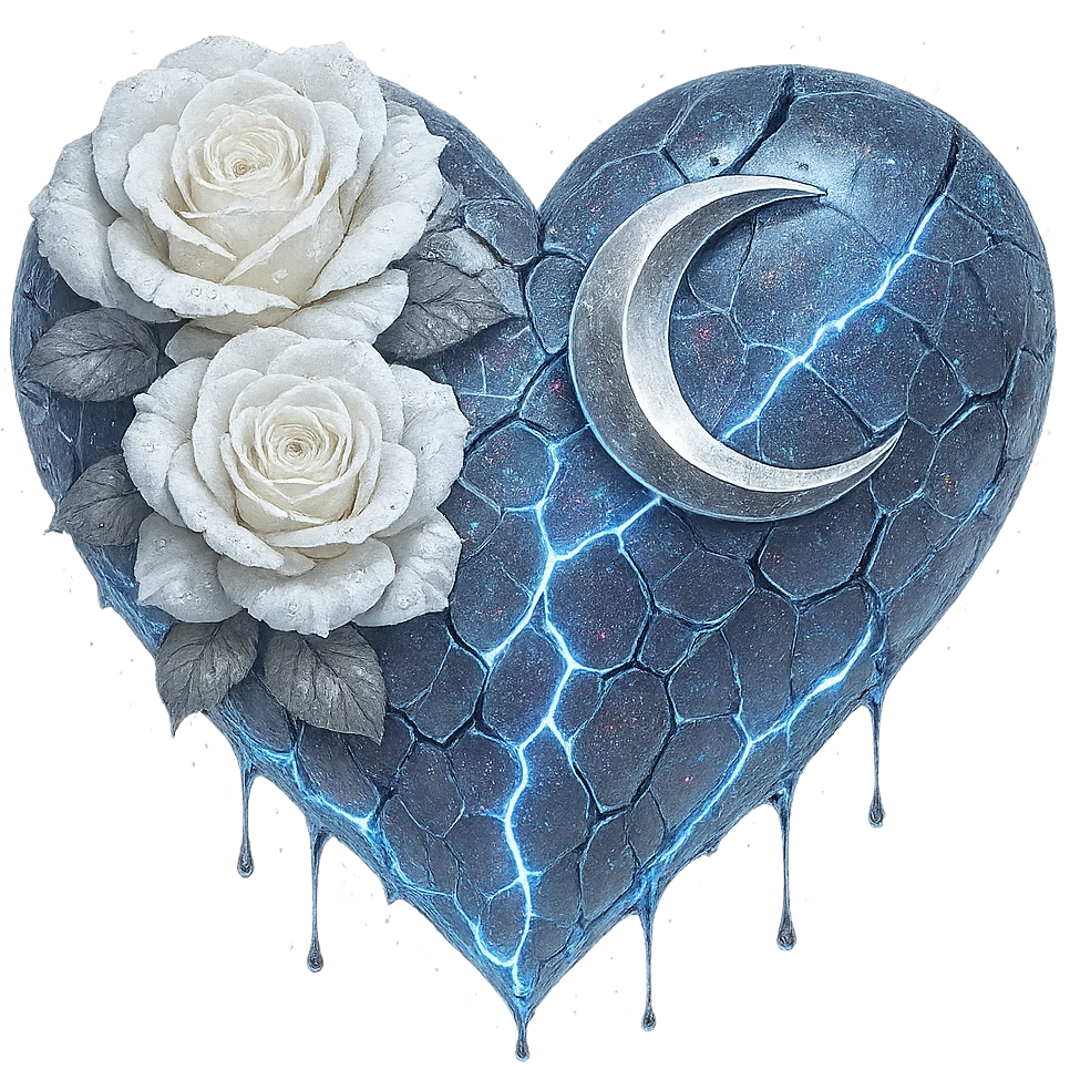 Edit the gothic heart to feature splintered deep white glass, silver crescent moon, white roses, holographic stardust, neon lightning, and a wet look. Keep the background transparent. Maintain the gothic heart style and transparent background. emoji