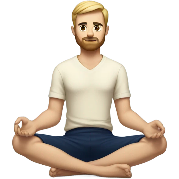european man meditating sitting down with cream shirt and navy blue pants.  emoji