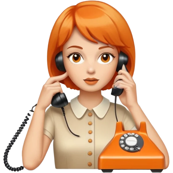 upper body of a woman with short orange hair talking on a white 70s phone emoji