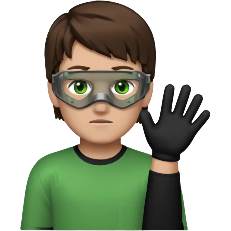 Chico de pelo marrón, ojos verdes y la mitad de la cara color gris ceniza. Con un cubre bocas negro, que tiene una camisa verde por encima de una remera blanca, y tiene un guante negro en una sola de las manos. Estilo minecraft emoji